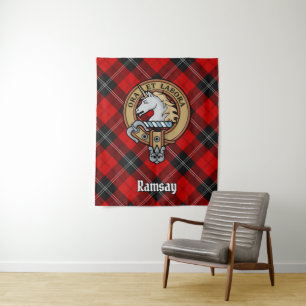 Clan Ramsay Crest over Red Tartan Tapestry