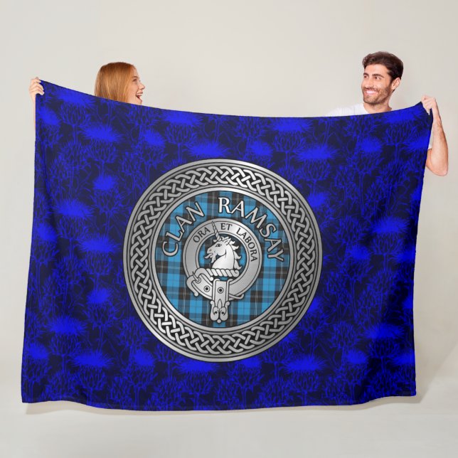 Clan Ramsay Crest & Tartan Knot Fleece Blanket (In Situ)