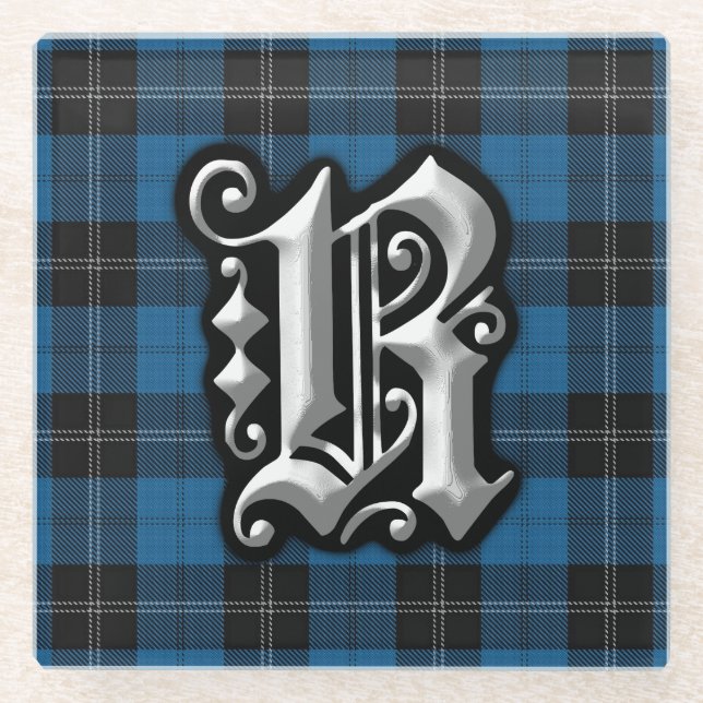 Clan Ramsay Ramsey Letter R Monogram Blue Tartan Glass Coaster (Front)