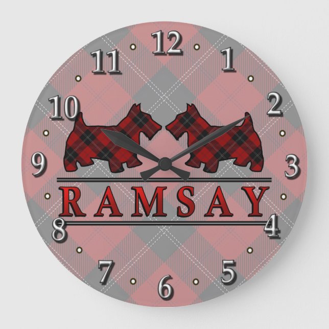 Clan Ramsay Tartan Scottie Dogs Clock (Front)