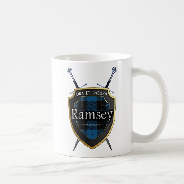Clan Ramsey Ramsay Tartan Shield and Swords Coffee Mug (Right)