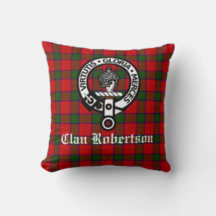 Clan Robertson Crest Badge and Tartan Throw Pillow