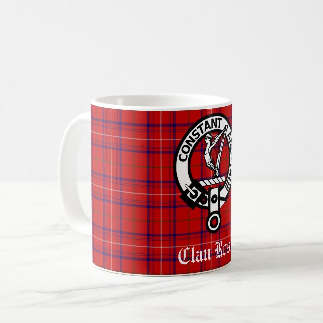 Clan Rose Crest Badge and Tartan Coffee Mug (Front Left)