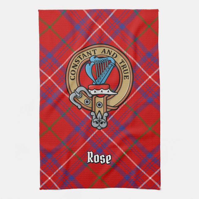 Clan Rose Crest over Tartan Kitchen Towel (Vertical)