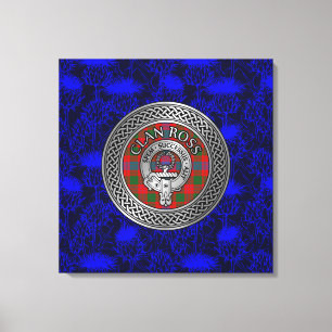 Clan Ross Crest & Tartan Knot on Thistle Canvas Print