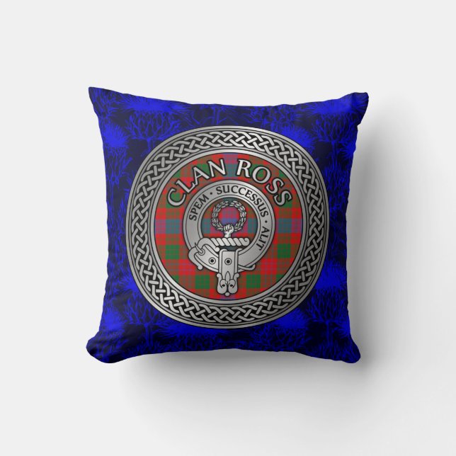 Clan Ross Crest & Tartan Knot Throw Pillow (Front)