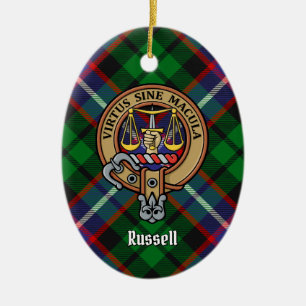 Clan Russell Crest over Tartan Ceramic Ornament