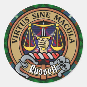 Clan Russell Crest over Tartan Classic Round Sticker