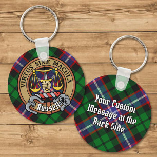 Clan Russell Crest over Tartan Keychain