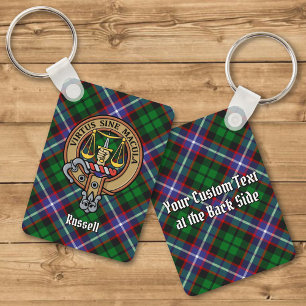 Clan Russell Crest over Tartan Keychain