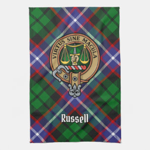 Clan Russell Crest over Tartan Kitchen Towel