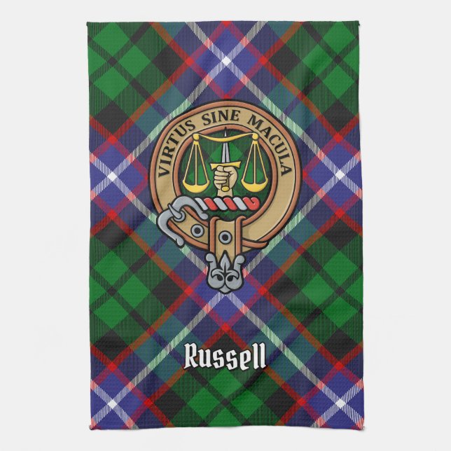 Clan Russell Crest over Tartan Kitchen Towel (Vertical)