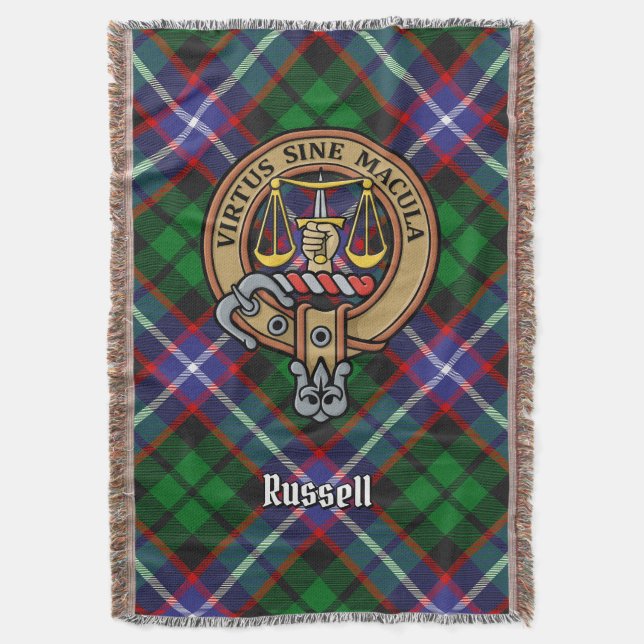 Clan Russell Crest over Tartan Throw Blanket (Front Vertical)