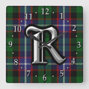 Clan Russell Letter R Monogram Tartan Square Wall Clock