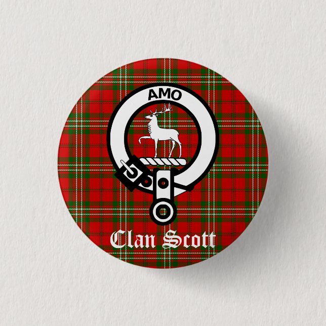 Clan Scott Crest Badge and Tartan 1 Inch Round Button (Front)