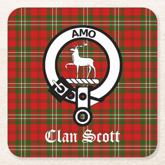 Clan Scott Crest Badge and Tartan Square Paper Coaster (Front)