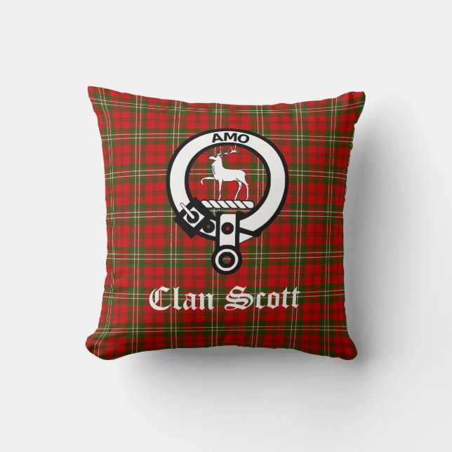 Clan Scott Crest Badge and Tartan Throw Pillow (Front)