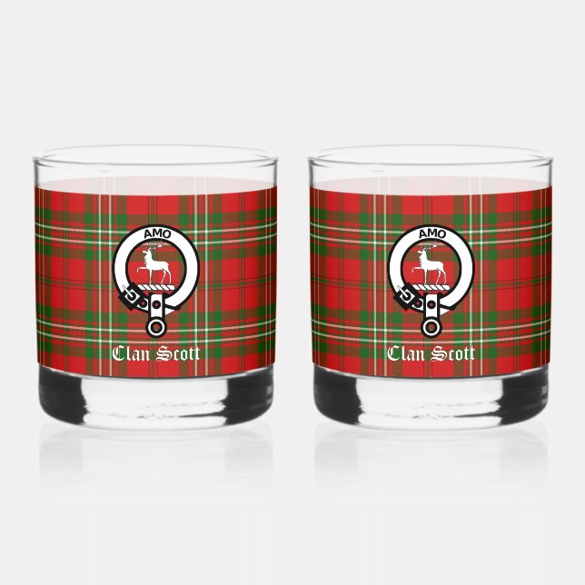 Clan Scott Crest Badge & Tartan Customizable Whiskey Glass (Front)