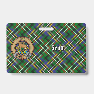 Clan Scott Crest over Green Tartan Badge