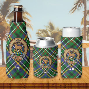 Clan Scott Crest over Green Tartan Bottle Cooler