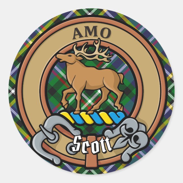 Clan Scott Crest over Green Tartan Classic Round Sticker (Front)