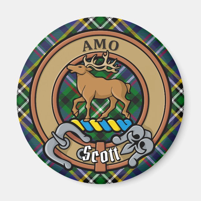 Clan Scott Crest over Green Tartan Magnet (Front)