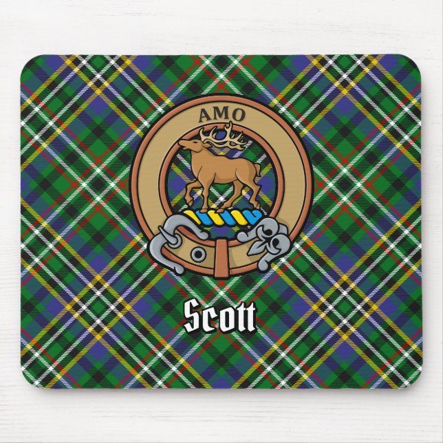 Clan Scott Crest over Green Tartan Mouse Pad (Front)
