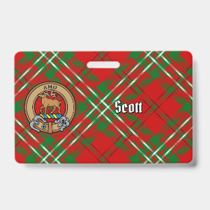Clan Scott Crest over Red Tartan Badge
