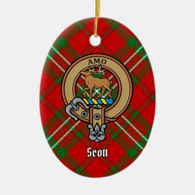 Clan Scott Crest over Red Tartan Ceramic Ornament (Front)