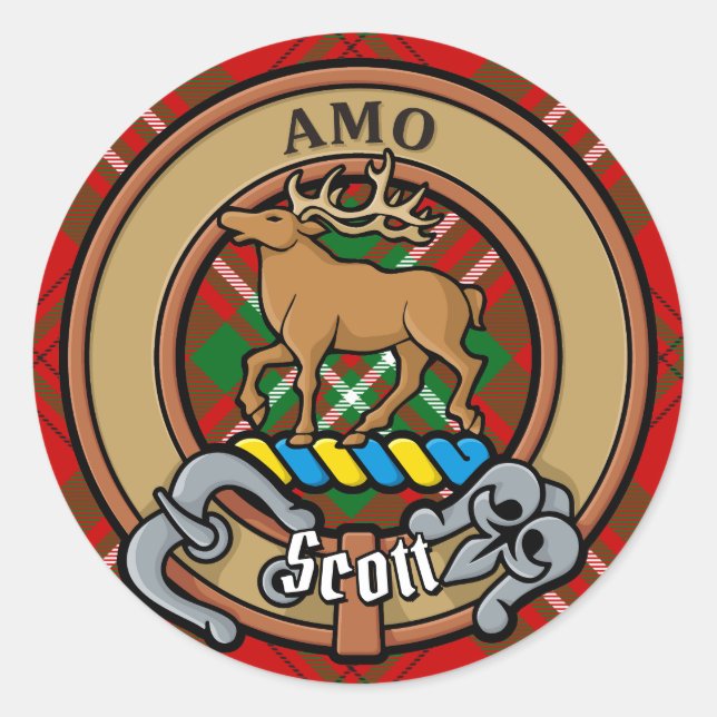 Clan Scott Crest over Red Tartan Classic Round Sticker (Front)