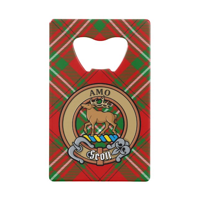 Clan Scott Crest over Red Tartan Credit Card Bottle Opener (Front)