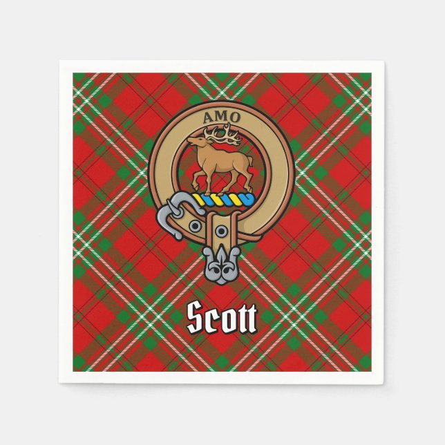 Clan Scott Crest over Red Tartan Napkin (Front)