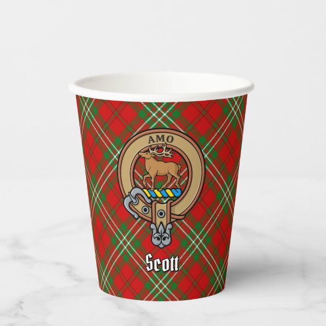 Clan Scott Crest over Red Tartan Paper Cups (Front)