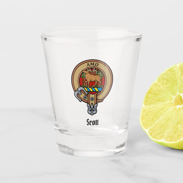 Clan Scott Crest over Red Tartan Shot Glass (Front)