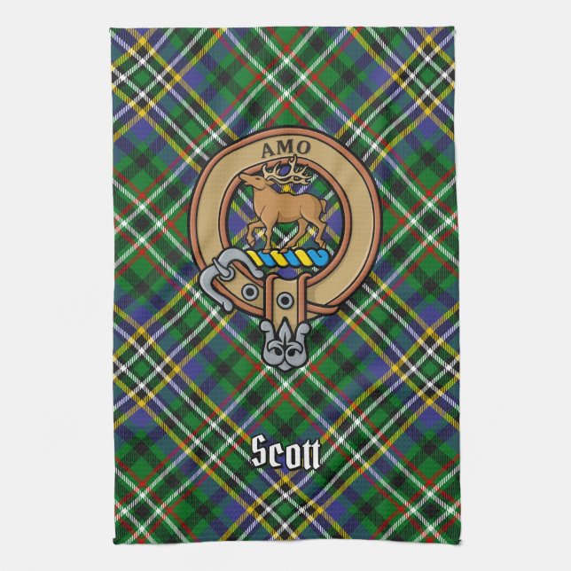 Clan Scott Crest sur le Tartan Vert Serviette de c (Vertical)