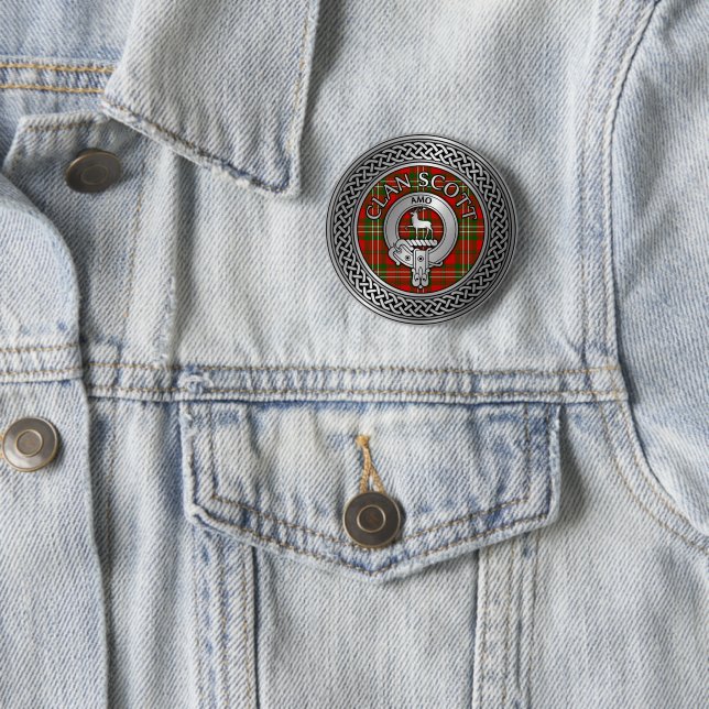 Clan Scott Crest & Tartan Knot 2 Inch Round Button (In Situ)