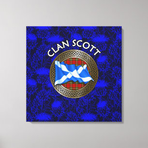 Clan Scott Crest & Tartan Knot on Thistle Canvas Print