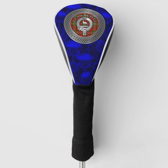 Clan Scott Crest & Tartan Knot on Thistle Golf Head Cover (Front)