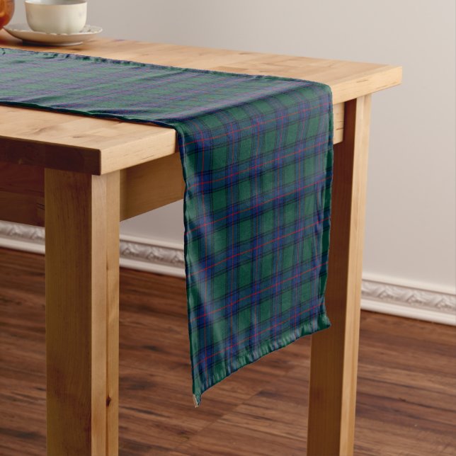 Clan Shaw Green and Royal Blue Scottish Tartan Short Table Runner (In Situ)