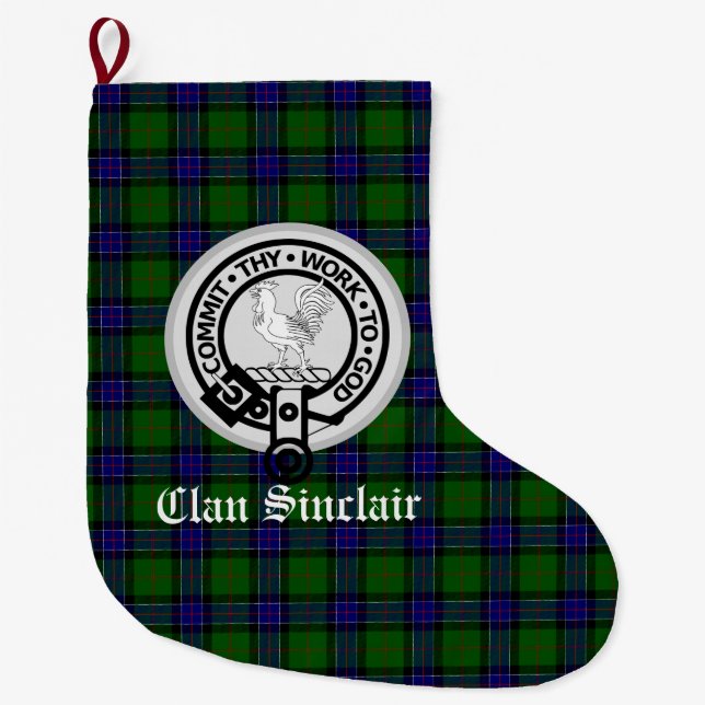 Clan Sinclair Crest Badge & Tartan Customizable Large Christmas Stocking (Front)