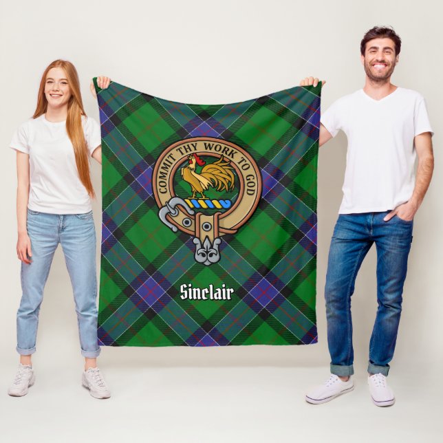 Clan Sinclair Crest over Hunting Tartan Fleece Blanket (In Situ)