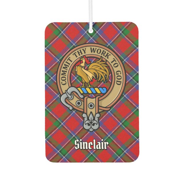 Clan Sinclair Crest over Red Tartan Air Freshener (Front)