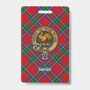 Clan Sinclair Crest over Red Tartan Badge