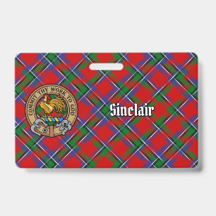 Clan Sinclair Crest over Red Tartan Badge