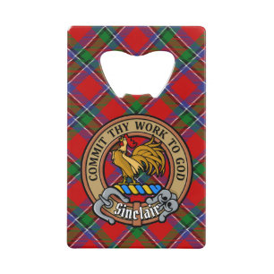 Clan Sinclair Crest over Red Tartan Credit Card Bottle Opener
