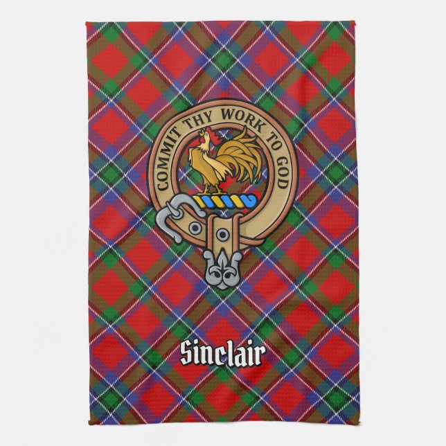 Clan Sinclair Crest over Tartan Kitchen Towel (Vertical)