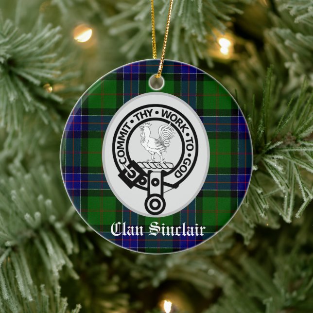 Clan Sinclair Crest & Tartan Customizable Ceramic Ornament (Tree)