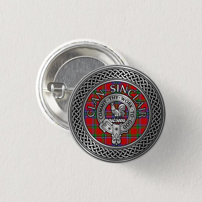 Clan Sinclair Crest & Tartan Knot 1 Inch Round Button (Front & Back)