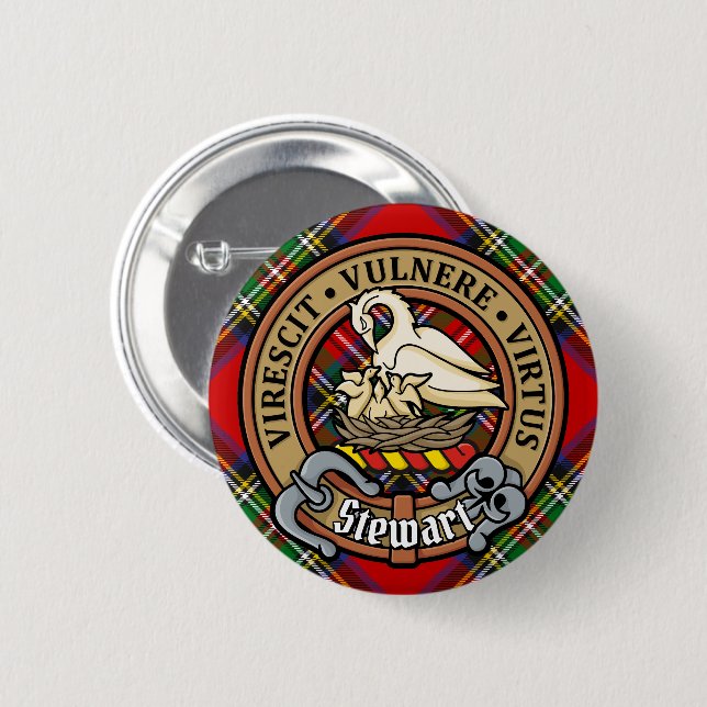 Clan Stewart Crest over Royal Tartan 2 Inch Round Button (Front & Back)