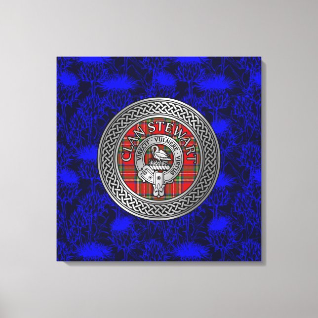 Clan Stewart Crest & Tartan Knot on Thistle Canvas Print (Front)